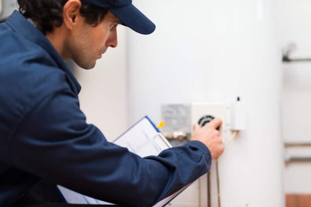 Technician adjusting regulator on water heater.