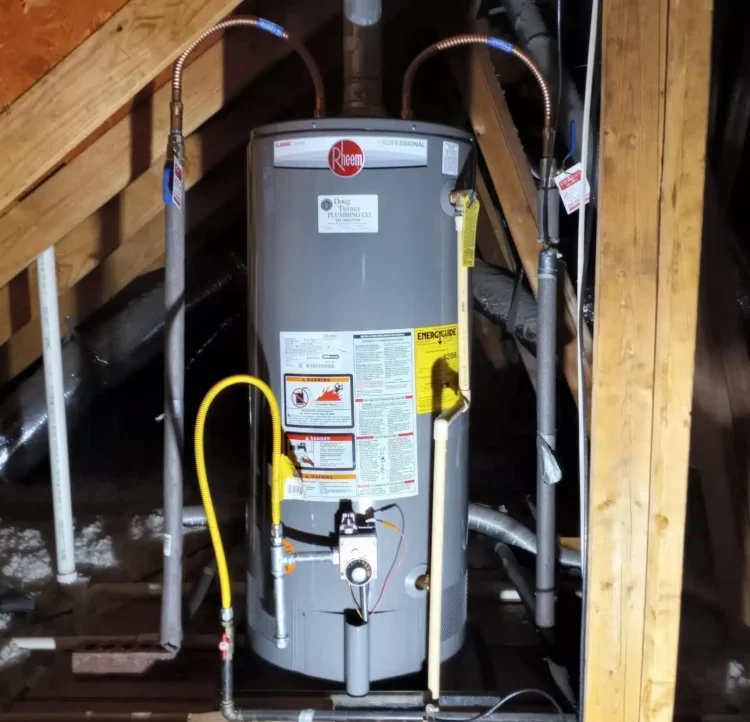 Water heater in residential attic in Sugar Land, TX.