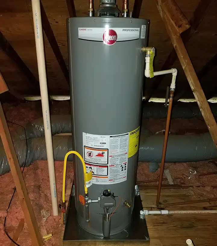 Water heater installation in attic in Sugar Land, TX.